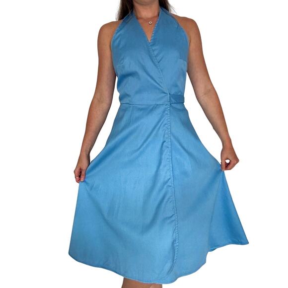 Vintage 1970s Wrap Dress Ellen Tracy Bonwit Teller Blue Cotton Fit & Flare - Picture 3 of 13